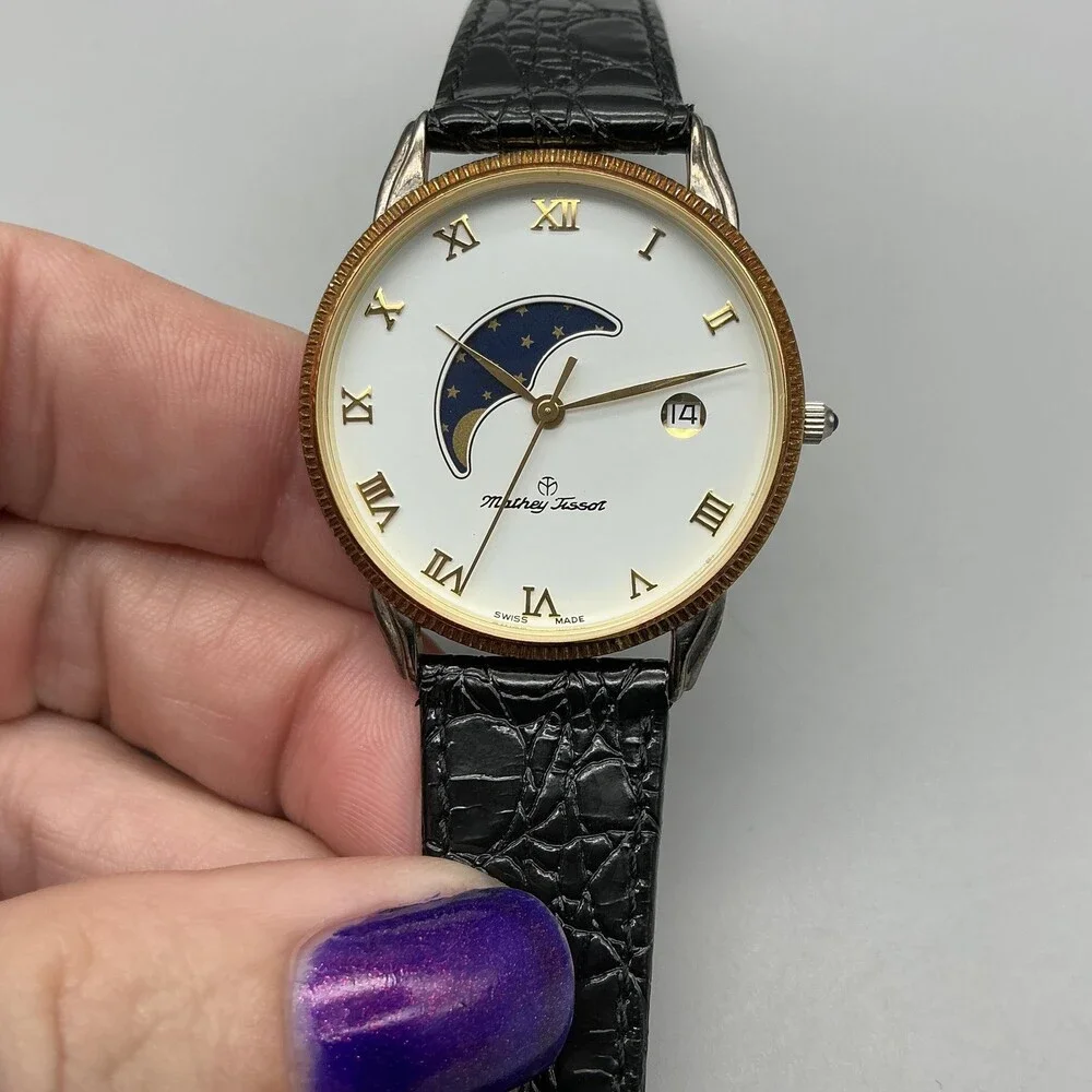Mathey-Tissot Mens Watch 34mm Moon Phase Leather Date Swiss Made New Battery